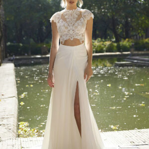 Ivory Two-piece Wedding Dress Lace Jewel Neck A-Line With Train Backless Short Sleeves Bridal Sets Free Customization