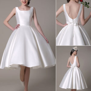 Ivory Wedding Dress Scoop Backless Knee Length Satin Wedding Gown