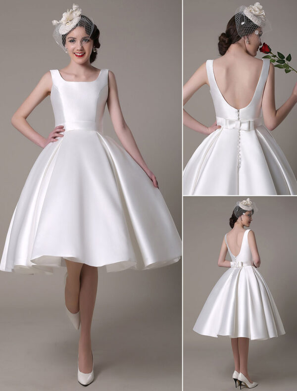 Ivory Wedding Dress Scoop Backless Knee Length Satin Wedding Gown