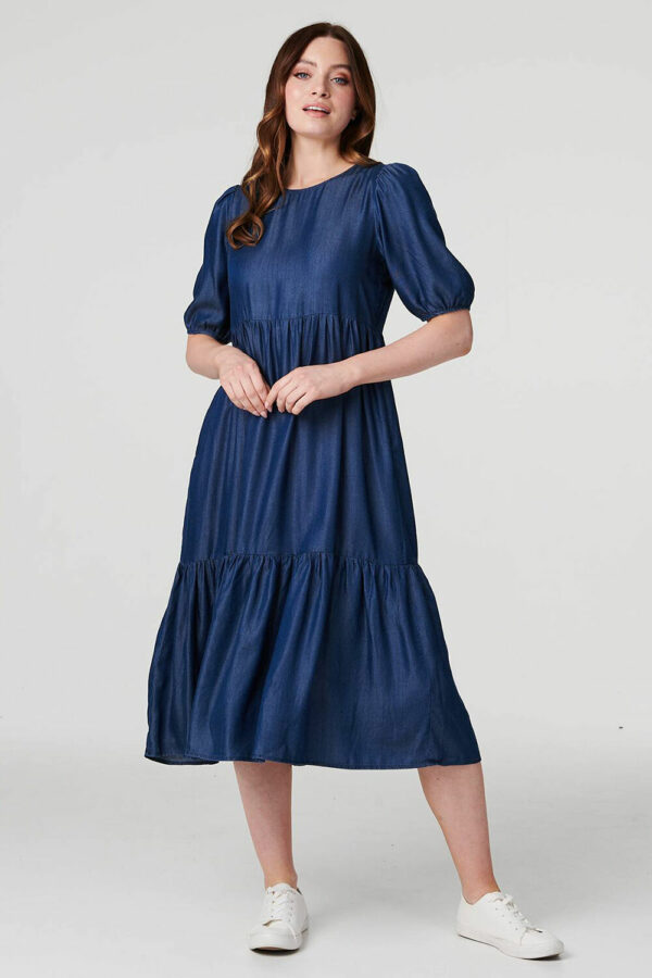 Izabel London Denim - Tiered 1/2 Puff Sleeve Midi Dress, Size: 14