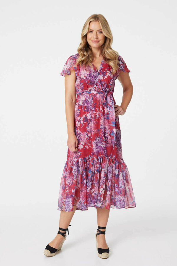 Izabel London - Floral Short Sleeve Tiered Midi Dress, Size: 16