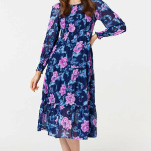 Izabel London Navy Floral Semi-sheer Tiered Midi Dress, Size: 18