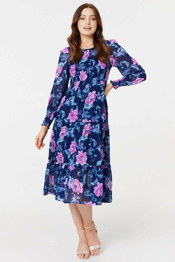 Izabel London Navy Floral Semi-sheer Tiered Midi Dress, Size: 18