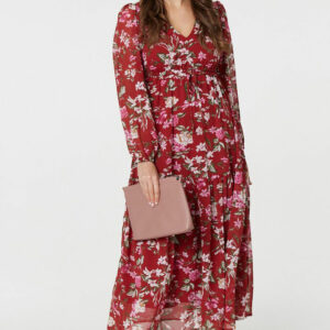 Izabel London Red/green - Floral Long Sleeve Tiered Maxi Dress, Size: 16