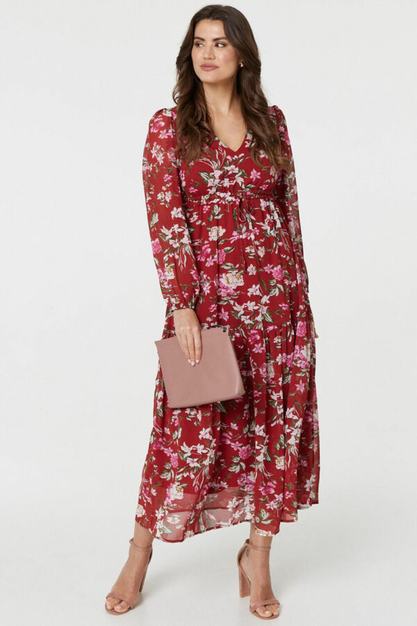 Izabel London Red/green - Floral Long Sleeve Tiered Maxi Dress, Size: 16