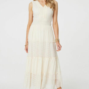 Izabel London White - Lace Detail Sleeveless Tiered Maxi Dress, Size: 10