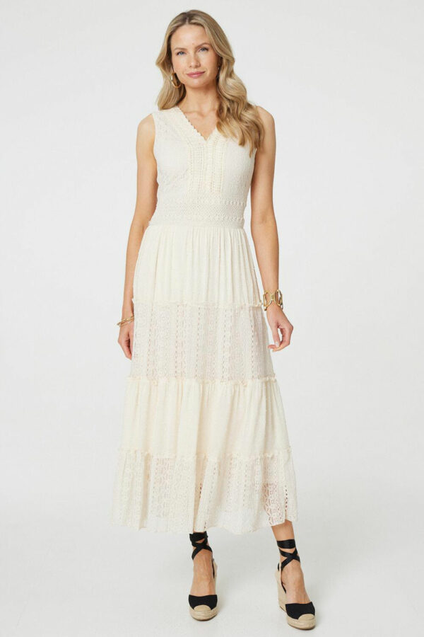 Izabel London White - Lace Detail Sleeveless Tiered Maxi Dress, Size: 10