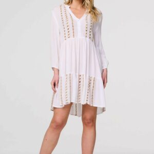 Izabel London White/brown - Embroidered V-neck Tiered Smock Dress, Size: 18