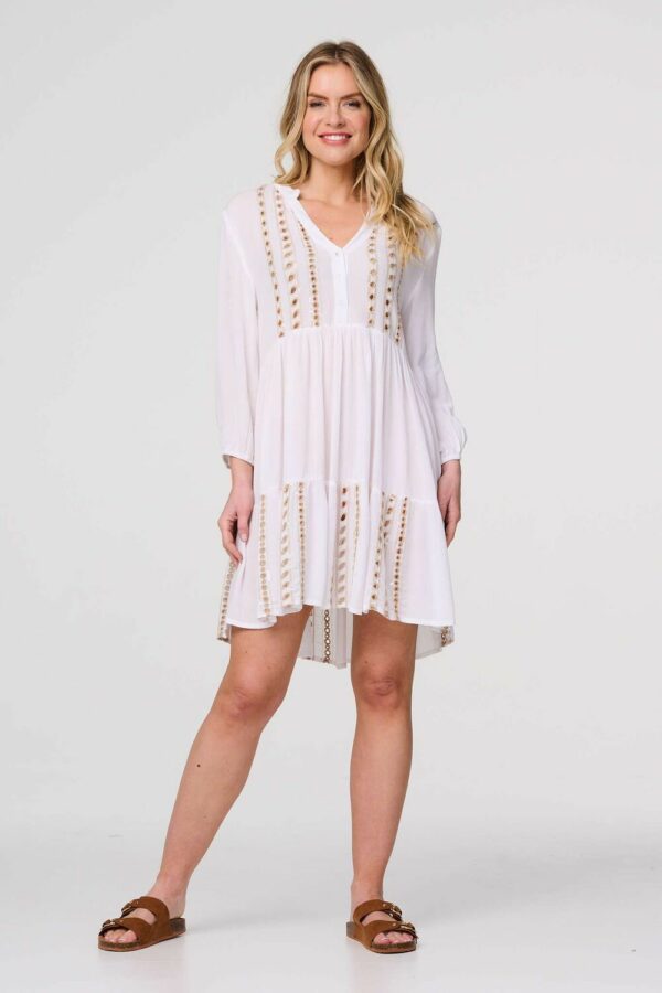 Izabel London White/brown - Embroidered V-neck Tiered Smock Dress, Size: 18