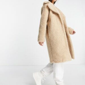 JDY longline teddy coat in beige-White