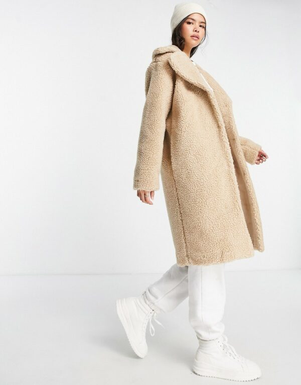 JDY longline teddy coat in beige-White