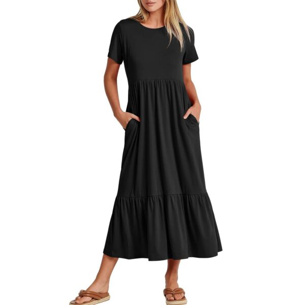 KOEMCY Women's Casual Dress Summer Midi Dress Maxi Tiered (Black,S)