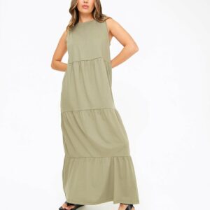 Khaki Tiered Jersey Maxi Dress