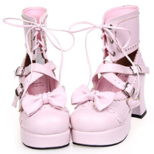 Lace-Up Bow Pink Leather Platform Round Toe Lolita Shoes