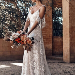 Lace Wedding Dress With Train Ivory A-Line Sleeveless V-Neck Backless Bridal Gowns