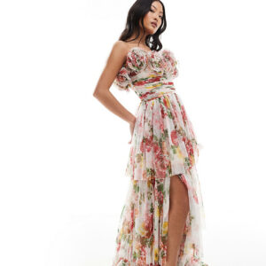 Lace & Beads Petite 3D rose tiered maxi dress in bright floral-Multi