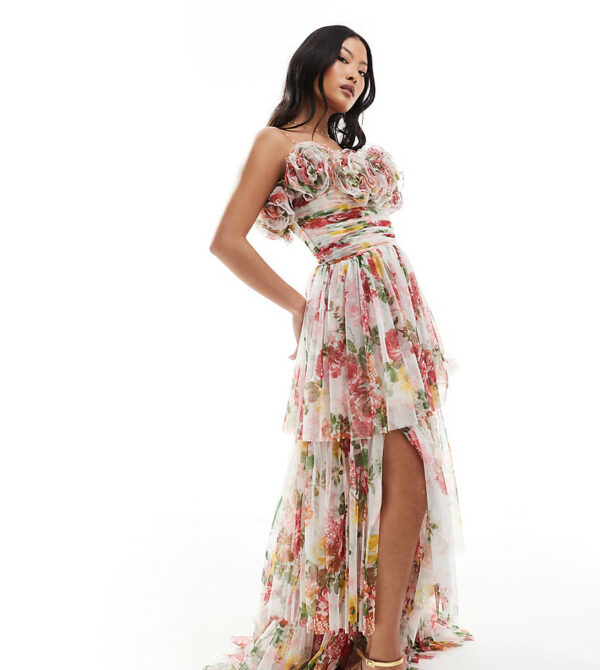 Lace & Beads Petite 3D rose tiered maxi dress in bright floral-Multi