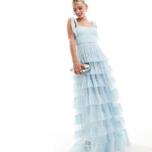 Lace & Beads Petite tiered ruffle midaxi dress in sky blue