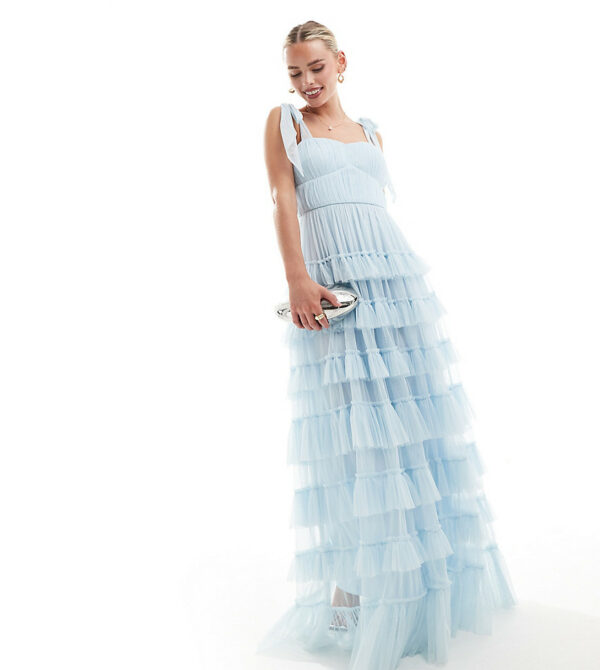 Lace & Beads Petite tiered ruffle midaxi dress in sky blue