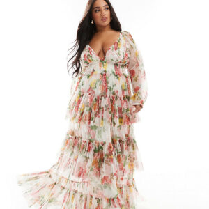 Lace & Beads Plus sheer sleeve tiered tulle maxi dress in bright floral-Multi