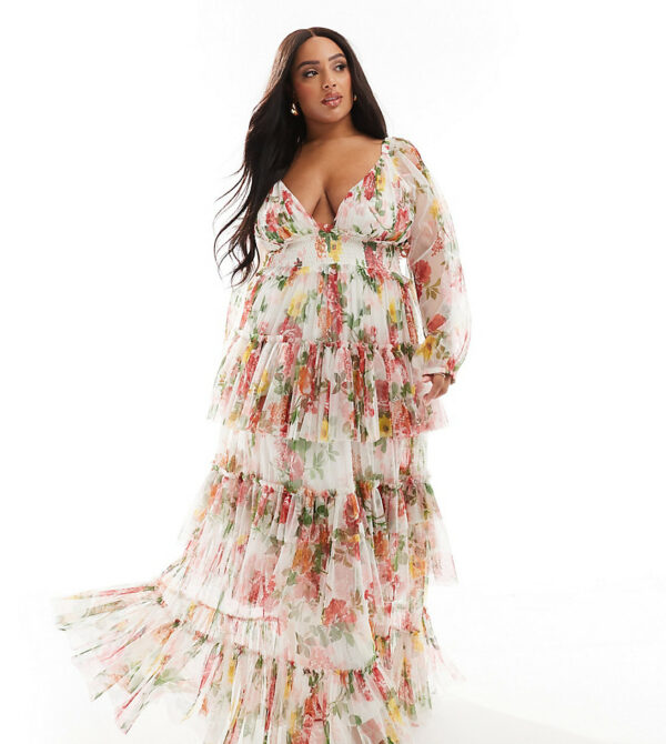 Lace & Beads Plus sheer sleeve tiered tulle maxi dress in bright floral-Multi