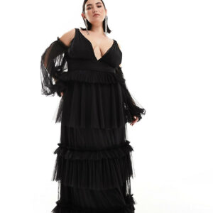 Lace & Beads Plus sheer sleeve tulle tiered maxi dress in black