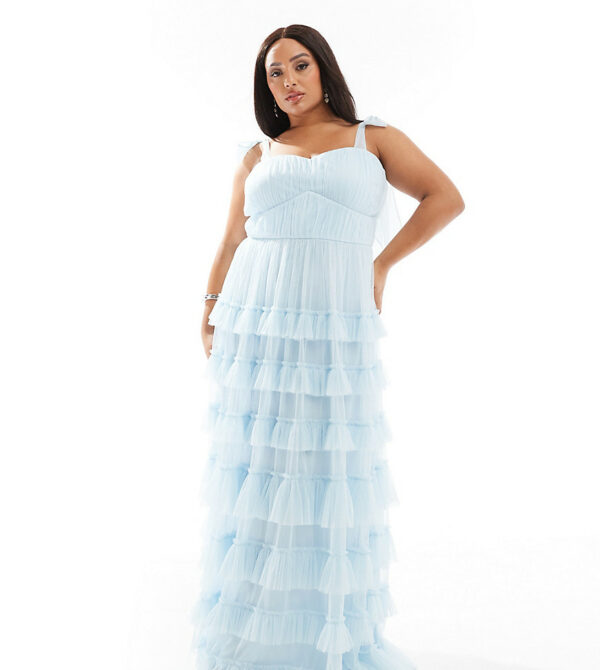 Lace & Beads Plus tiered ruffle midaxi dress in sky blue