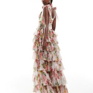 Lace & Beads bow shoulder tiered maxi dress in bright floral-Multi