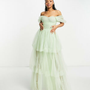 Lace & Beads exclusive off shoulder tulle tiered maxi dress in sage green