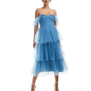 Lace & Beads ruched tulle tiered midi dress in blue