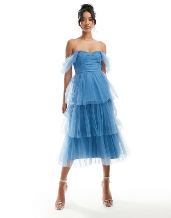 Lace & Beads ruched tulle tiered midi dress in blue