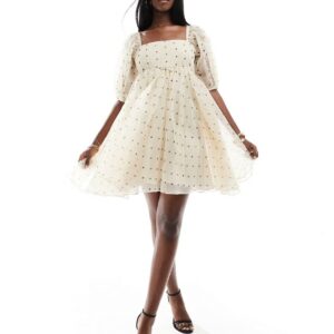 Lace & Beads square neck babydoll organza mini dress in polka dot-Neutral