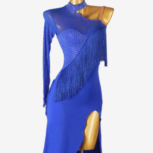 Latin Dance Costume Royal Blue Women's Lycra Spandex Dress Backless Elegant Rhinestones Fringe Dancing Wear