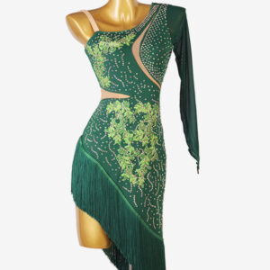 Latin Dance Dresses Dark Green Women's Rhinestones Fringe Backless Sexy Lycra Spandex Dress Dancing Costume