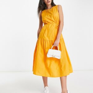 Mango floral embroidered tiered midi dress in orange