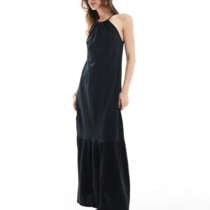 Mango halterneck tiered midi dress in black