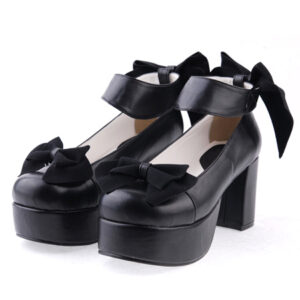 Matte Black Lolita Chunky Heels Shoes Platform Bows Ankle Strap