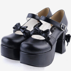 Matte Black Lolita Chunky Heels Shoes Platform Bows Decor Buckle