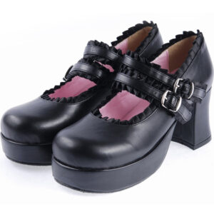 Matte Black Lolita Chunky Heels Shoes Platform Ribbon Trim Straps Buckles