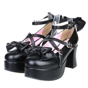 Matte Black Lolita Heels Shoes Platform Shoes Ankle Strap Buckles Bows