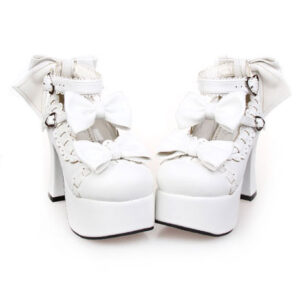 Matte White Lolita Chunky Heels Shoes Platform Shoes Ankle Straps Bows Decor Buckles