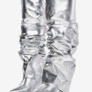 Metallic Knee High Boots Silver Pointed Toe Fold Over Wedge Heel Slouch Boots