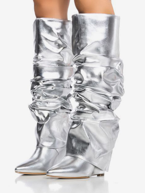 Metallic Knee High Boots Silver Pointed Toe Fold Over Wedge Heel Slouch Boots