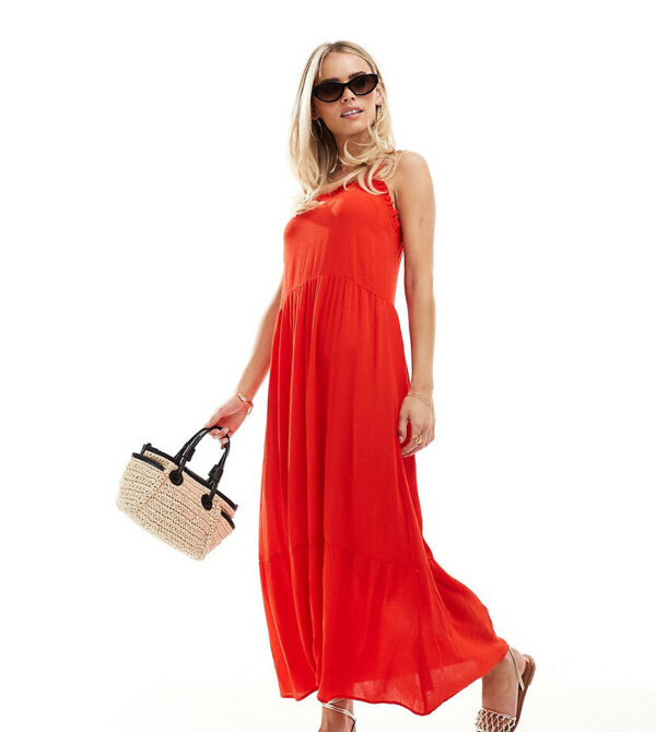 Miss Selfridge Petite cheesecloth tiered maxi sundress in red