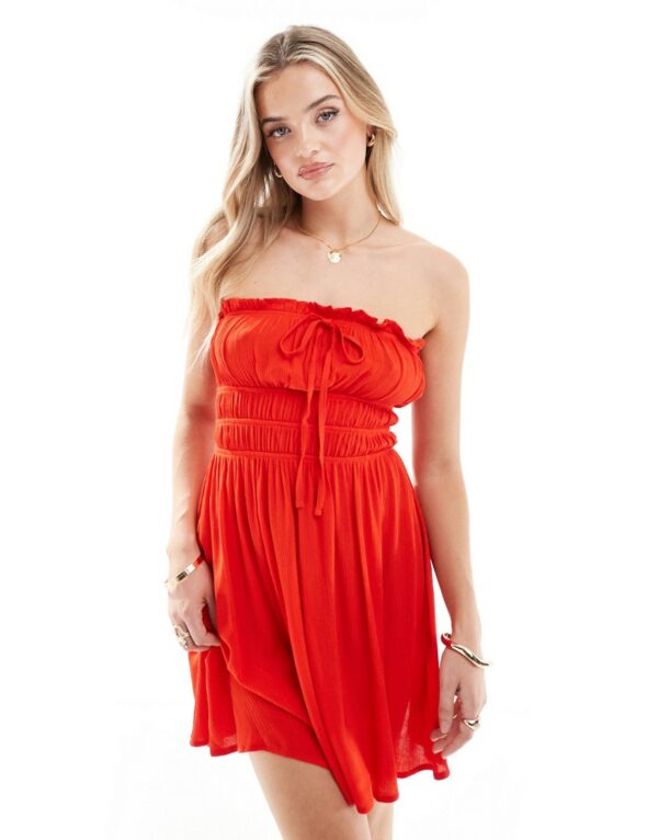 Miss Selfridge cheesecloth bandeau mini sundress in red