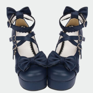 Navy Blue Lolita Chunky Pony Heels Shoes Platform Ankle Straps Bows Heart Shape Buckles