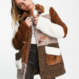 Neon Rose toggle front boxy coat in brown mix teddy