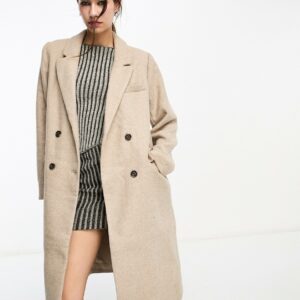 Object formal twill double breasted longline wool coat in stone-Neutral