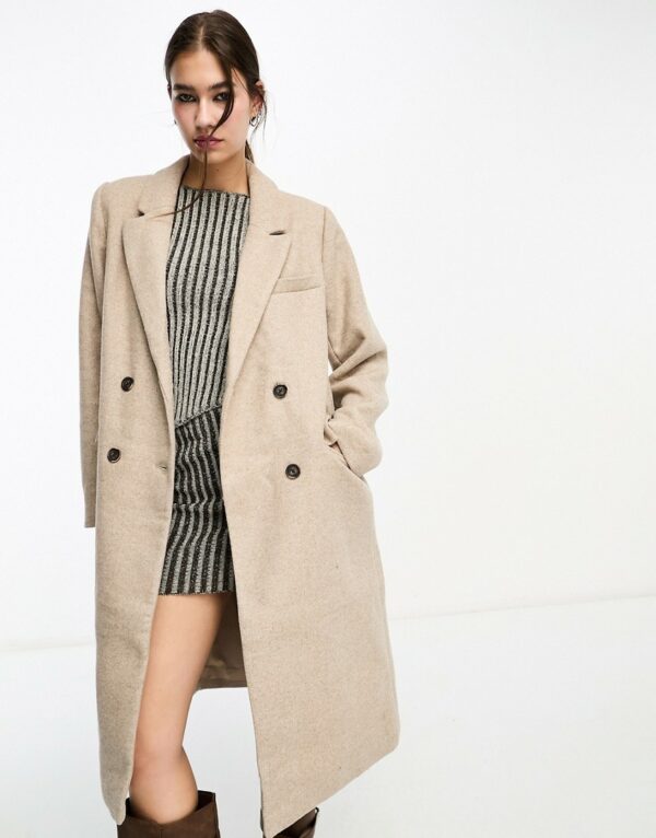 Object formal twill double breasted longline wool coat in stone-Neutral