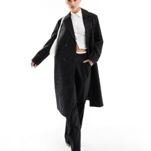 Only longline double breasted wool coat in black pinstripe